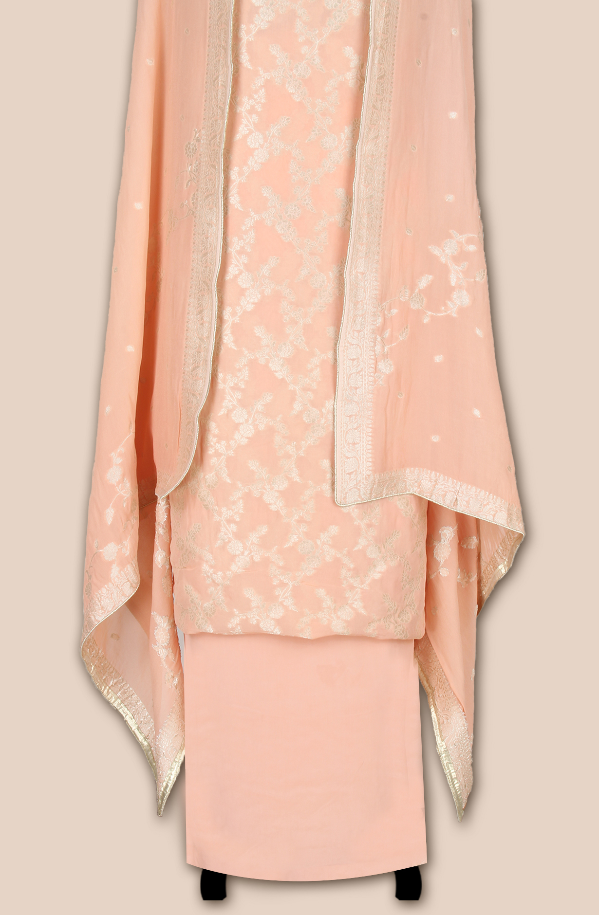 Peach Designer Georgette Zari Brocade Work Unstitched Salwar Suit - 1002-GP11428F