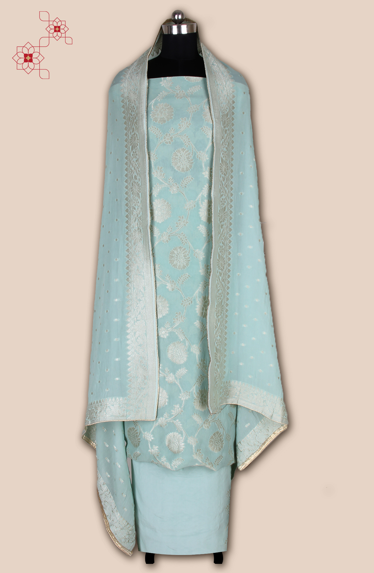 Sea Green Designer Georgette Zari Brocade Work Unstitched Salwar Suit - 1002-GP7453A