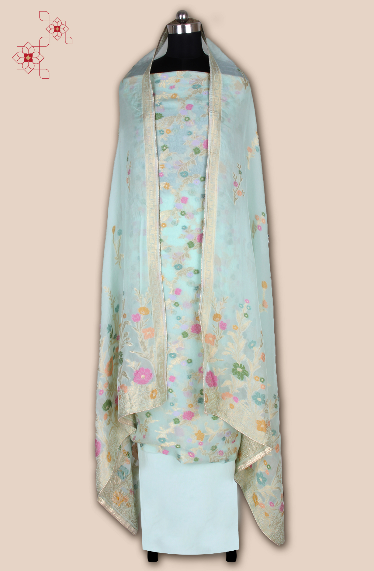 Sea Green Designer Zari Brocade Work Organza Unstitched Salwar Suit - 1002-OM338A