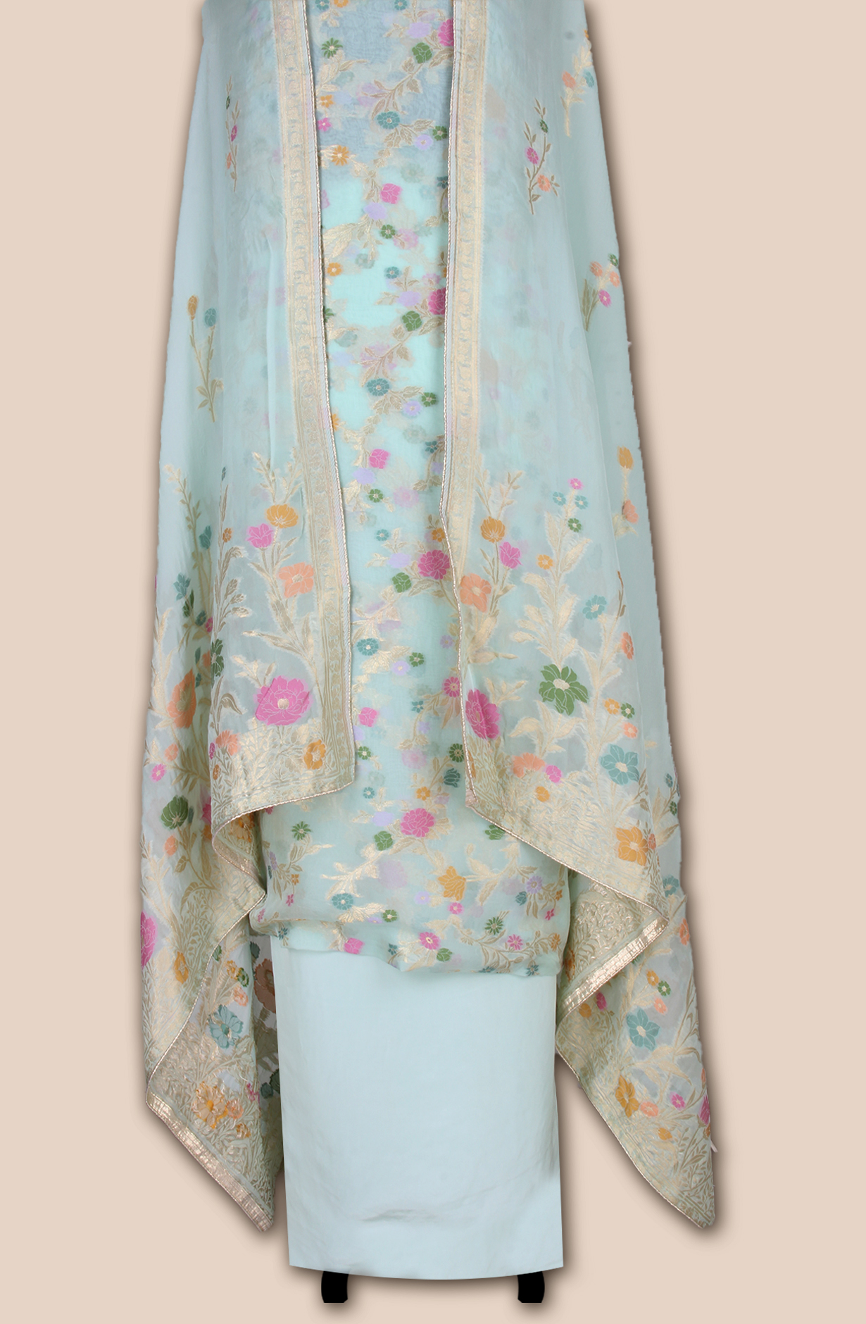 Sea Green Designer Zari Brocade Work Organza Unstitched Salwar Suit - 1002-OM338A