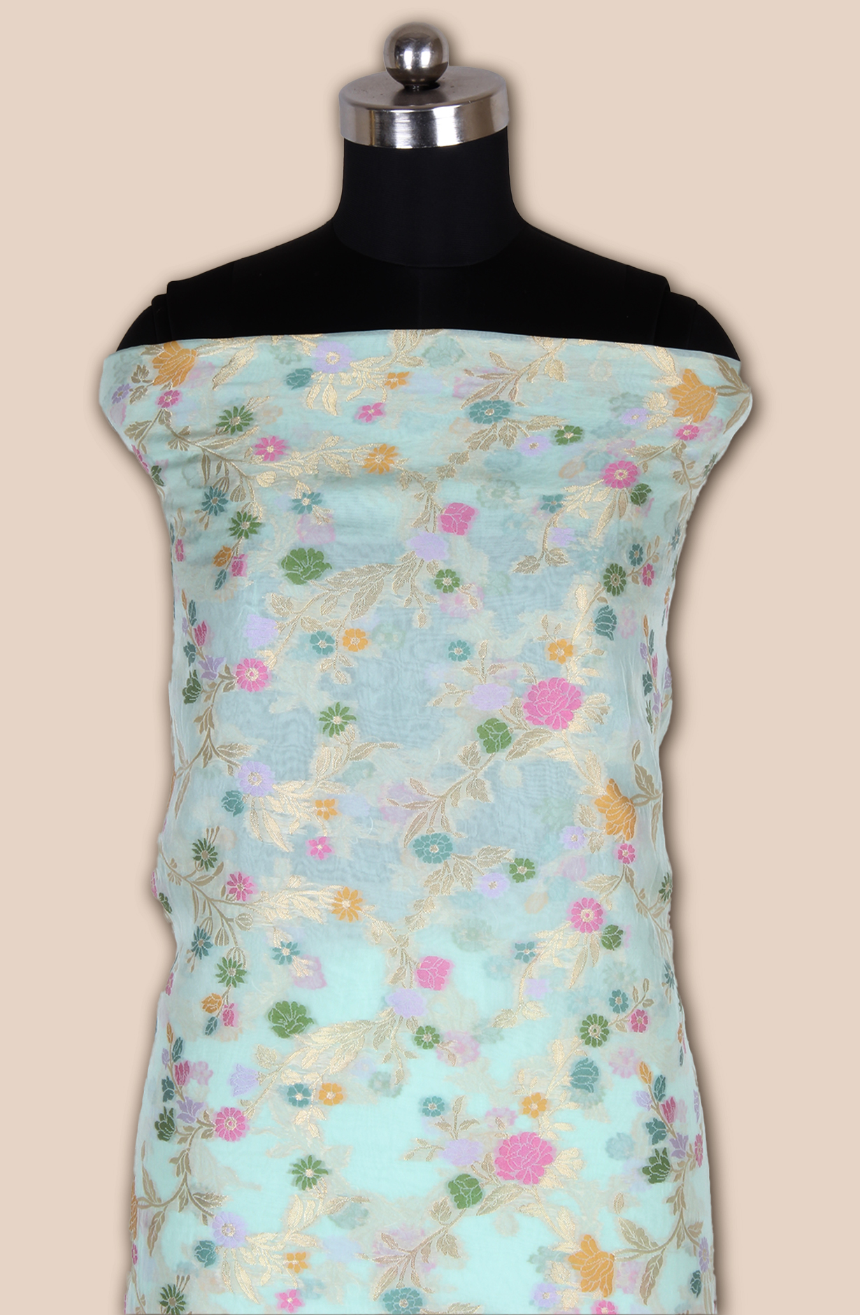 Sea Green Designer Zari Brocade Work Organza Unstitched Salwar Suit - 1002-OM338A