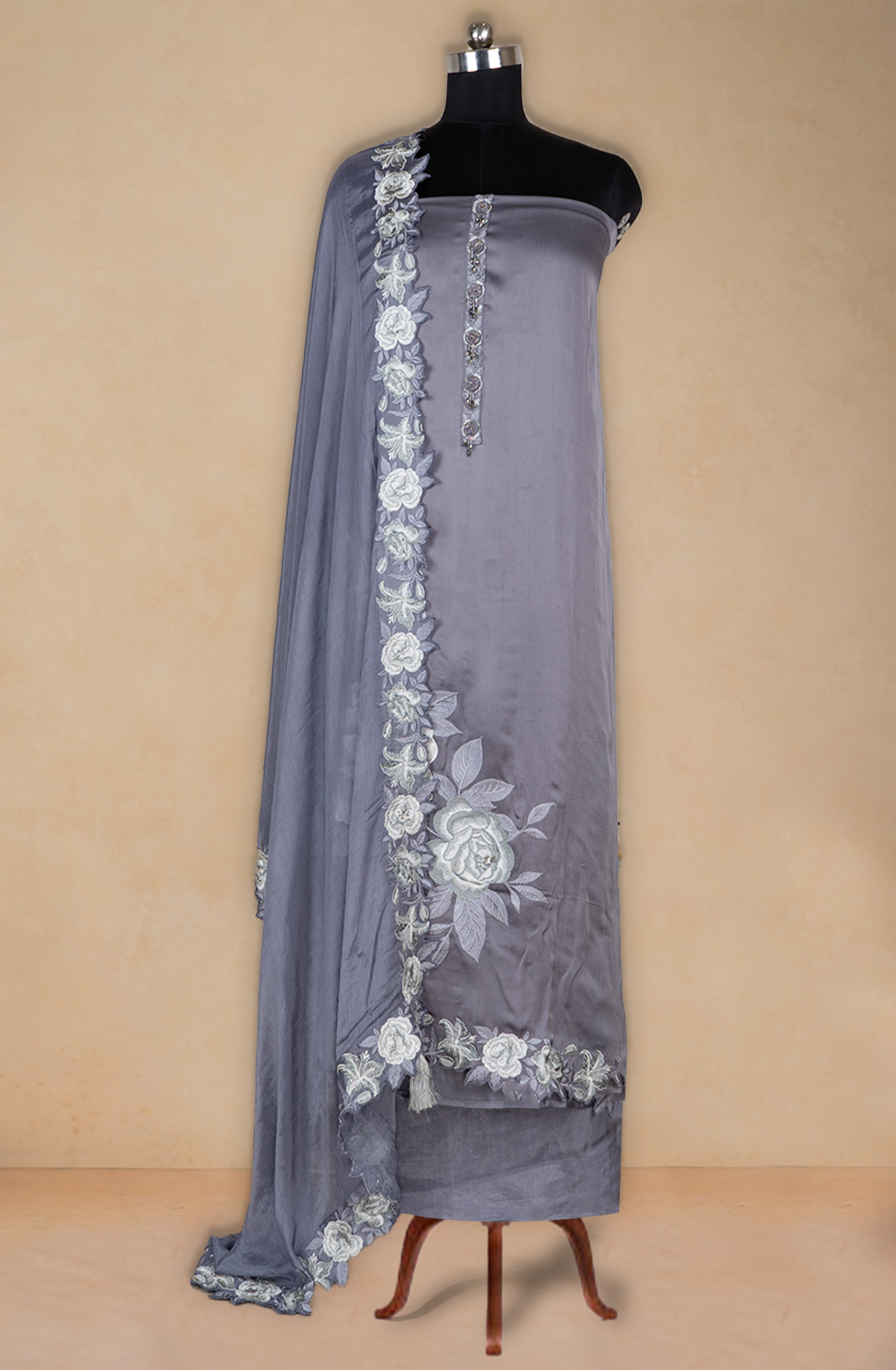 Grey Satin Silk Suit with Dupatta - 1001-TJ196D