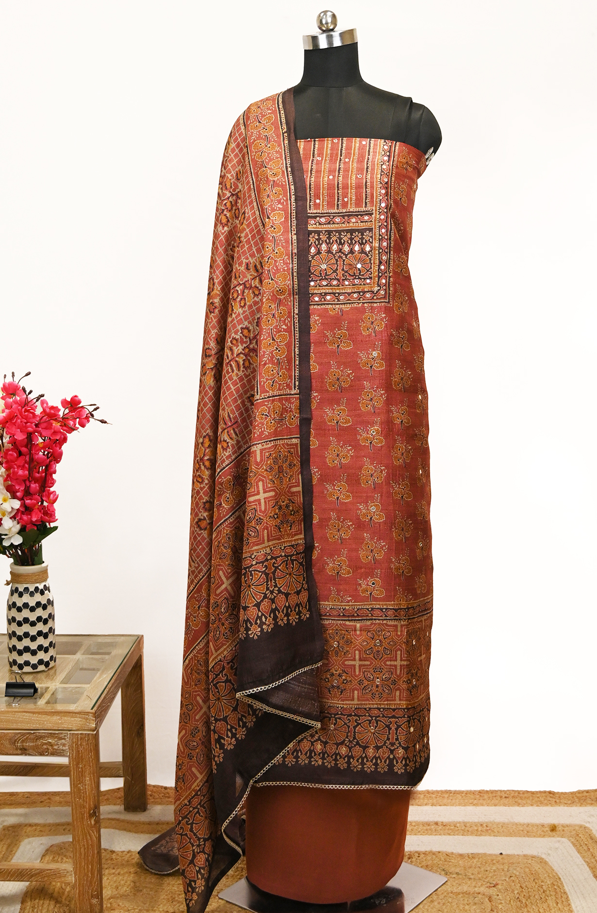 Rust art Tassar Suit Set with Beautiful Dupatta - 1019-FS374A