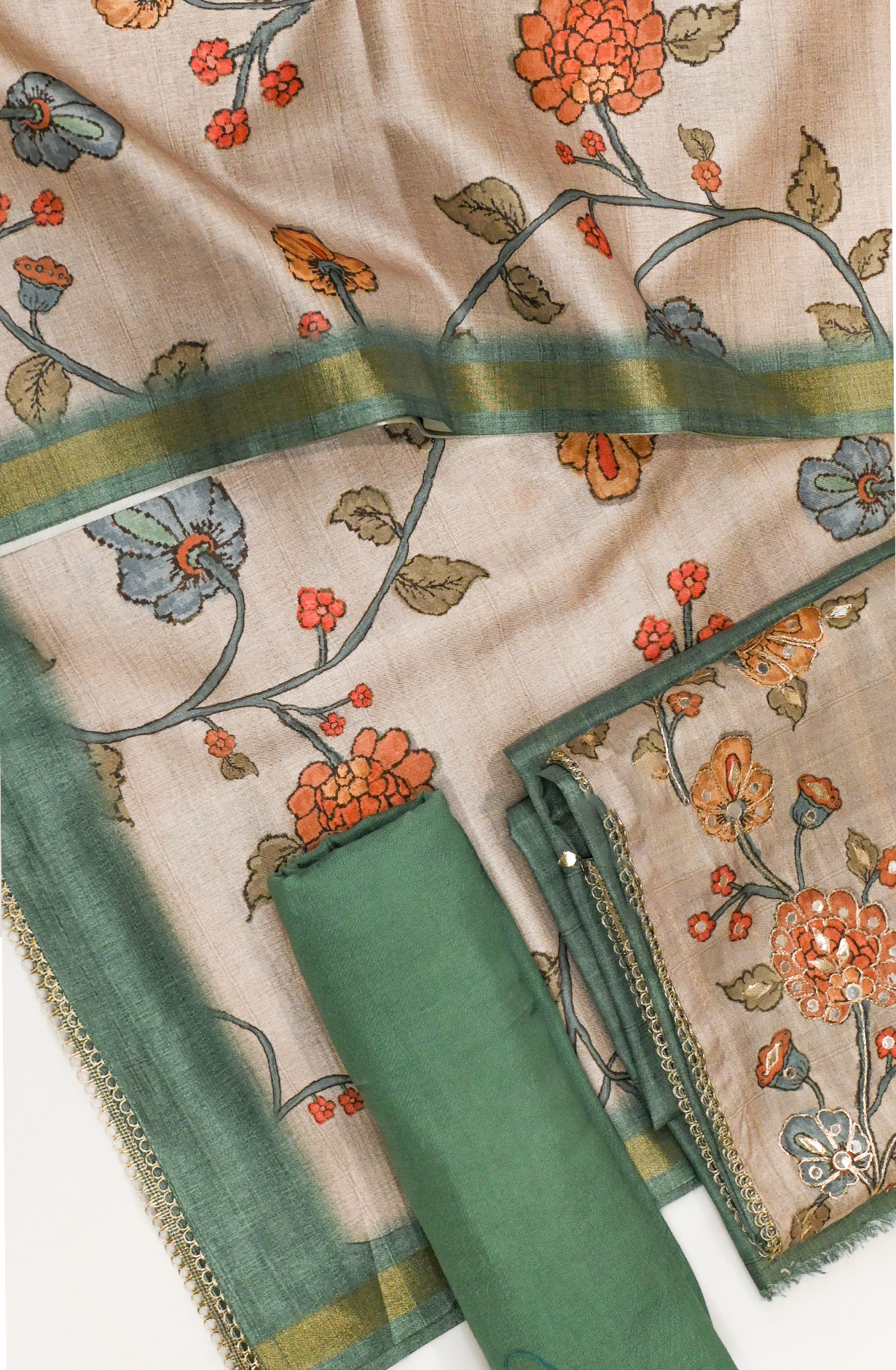 Green Art Tussar Suit Set with Dupatta - 1019-FS394