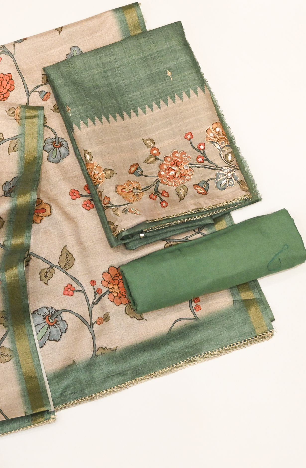 Green Art Tussar Suit Set with Dupatta - 1019-FS394