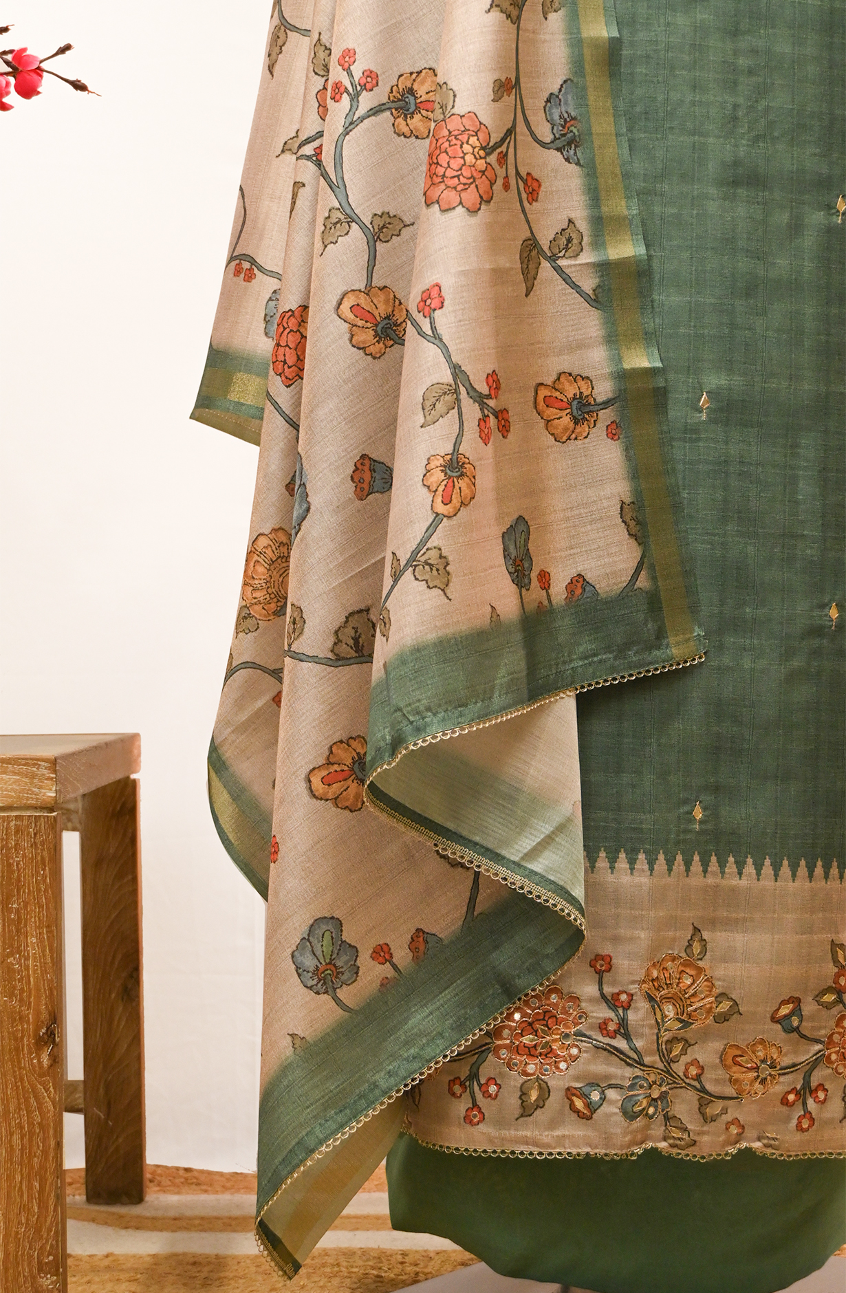 Green Art Tussar Suit Set with Dupatta - 1019-FS394