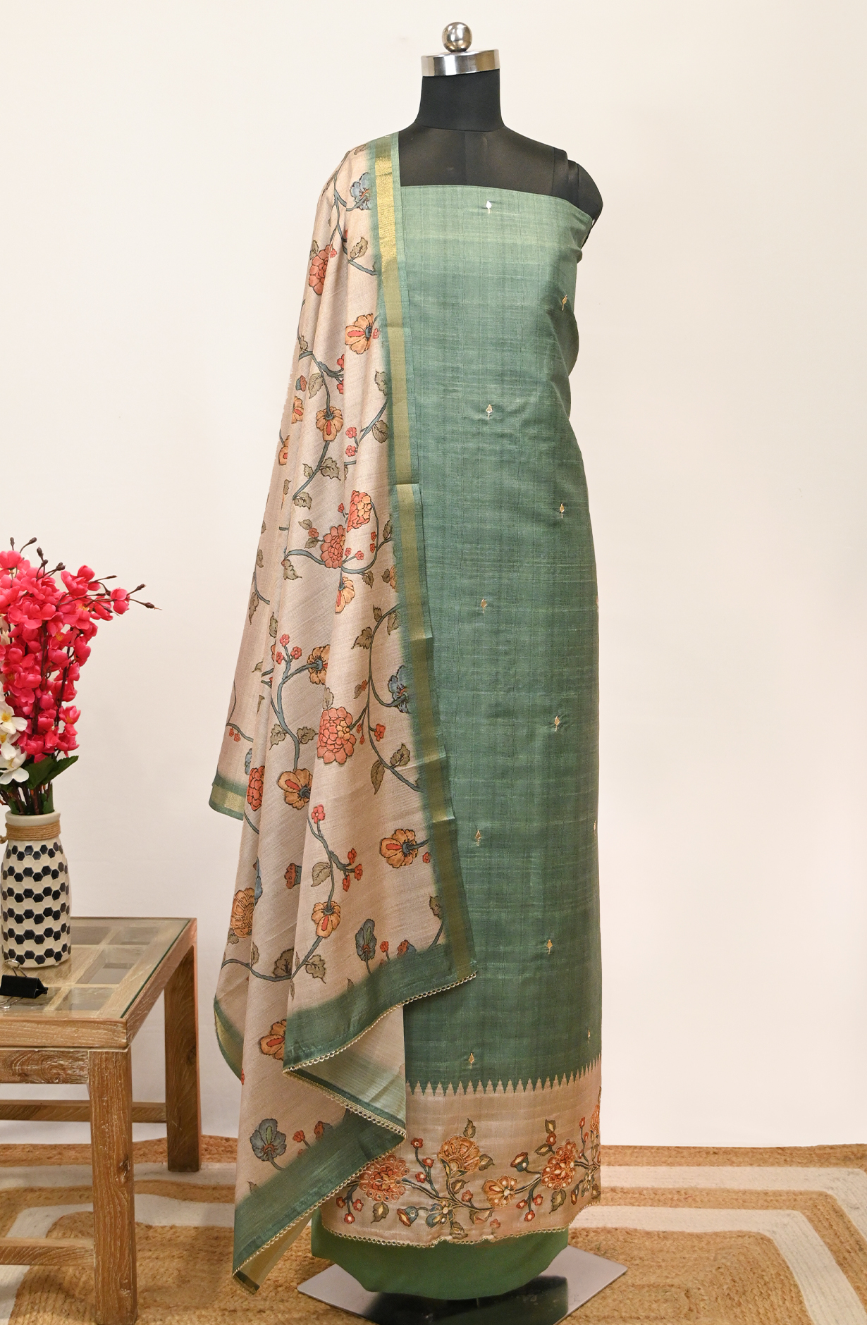 Green Art Tussar Suit Set with Dupatta - 1019-FS394