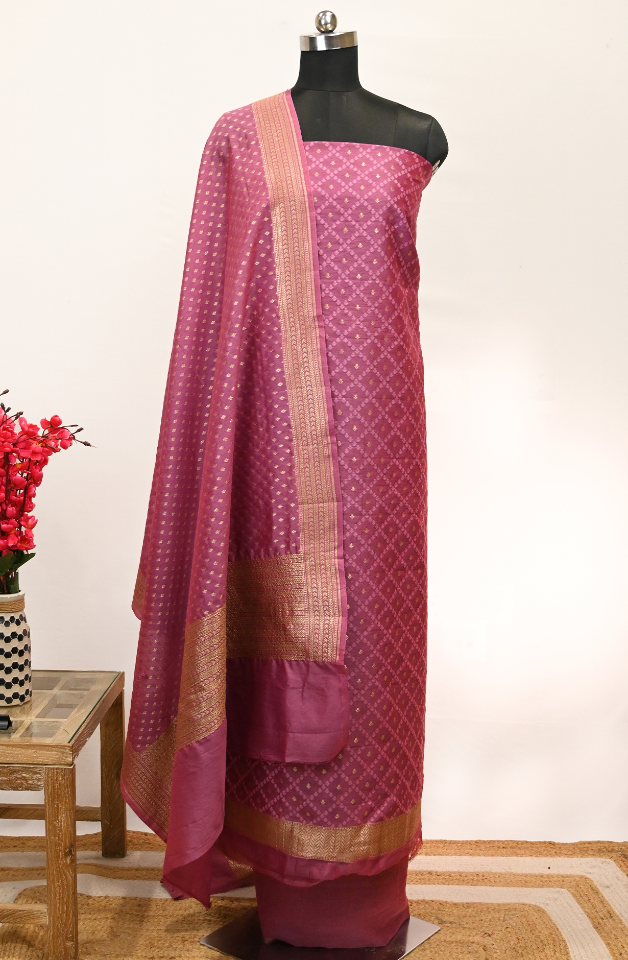 Mauve Banarsi Suit Set with Dupatta - 1021-PAURI-1C