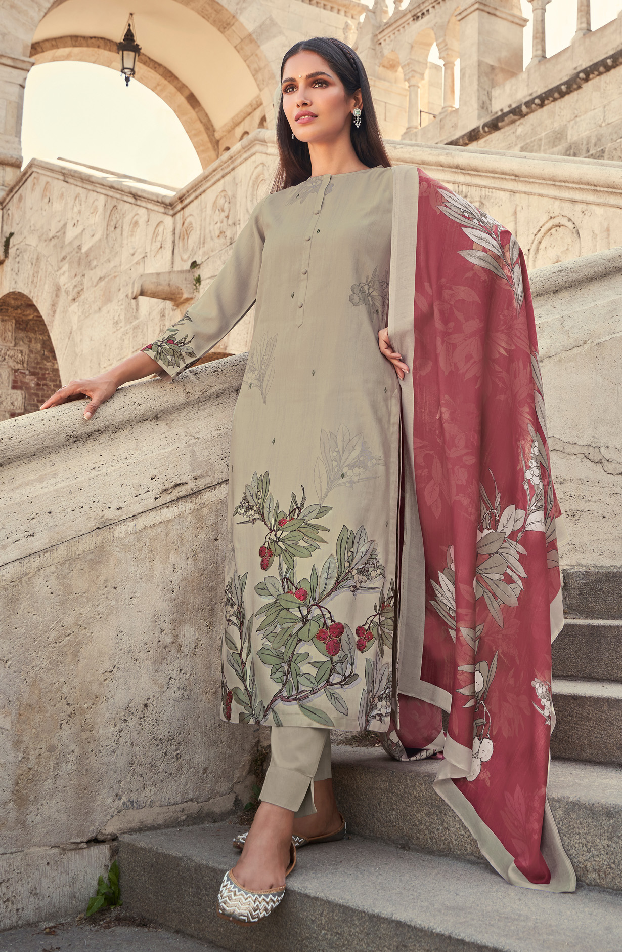 Cream Spun Digital Printed Winter Wear Salwar Kameez - FIT4538
