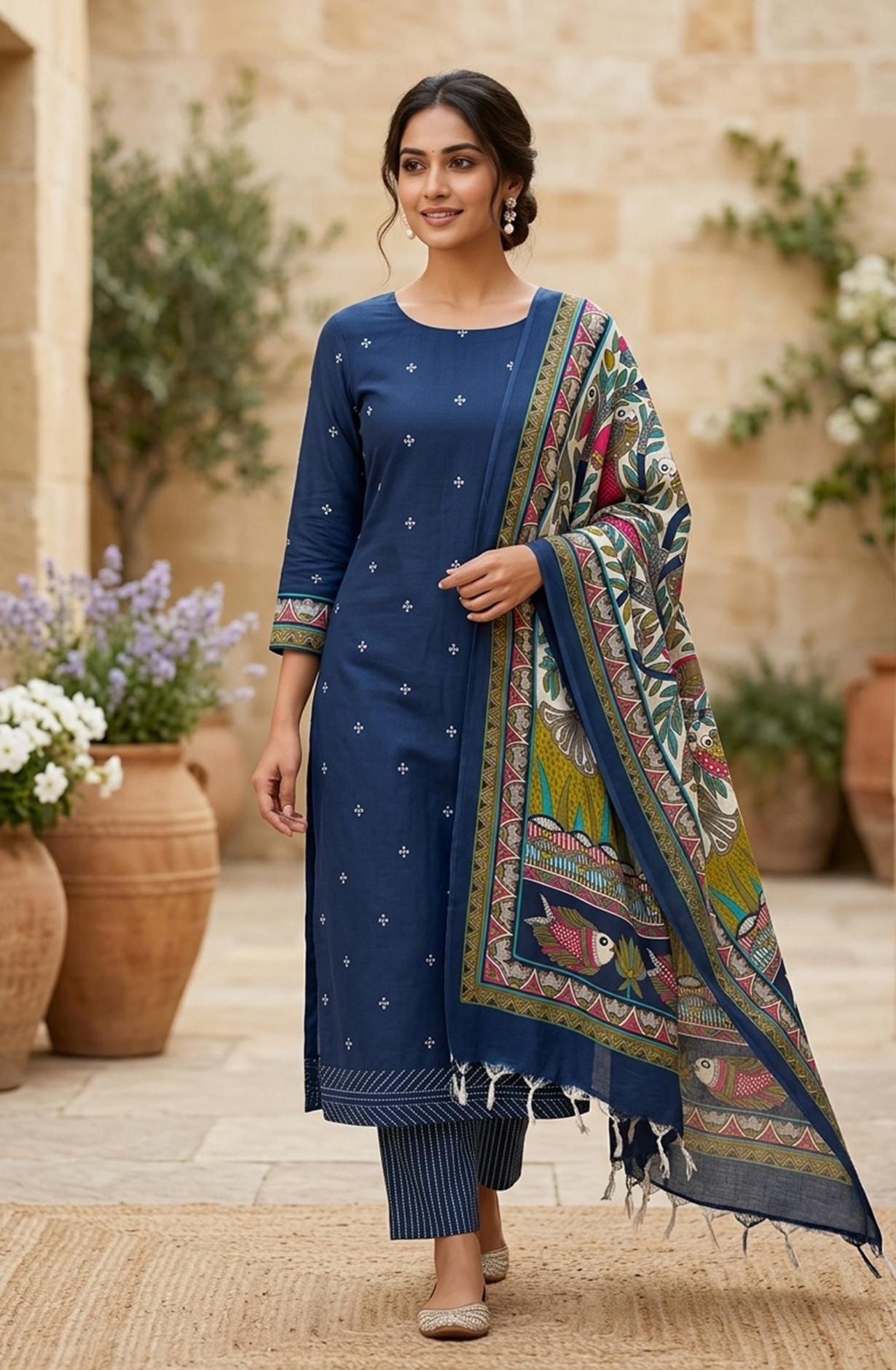 Navy Blue Cotton Beautiful Suit Set with Beautiful Dupatta - 1027-CHAWAA-12B