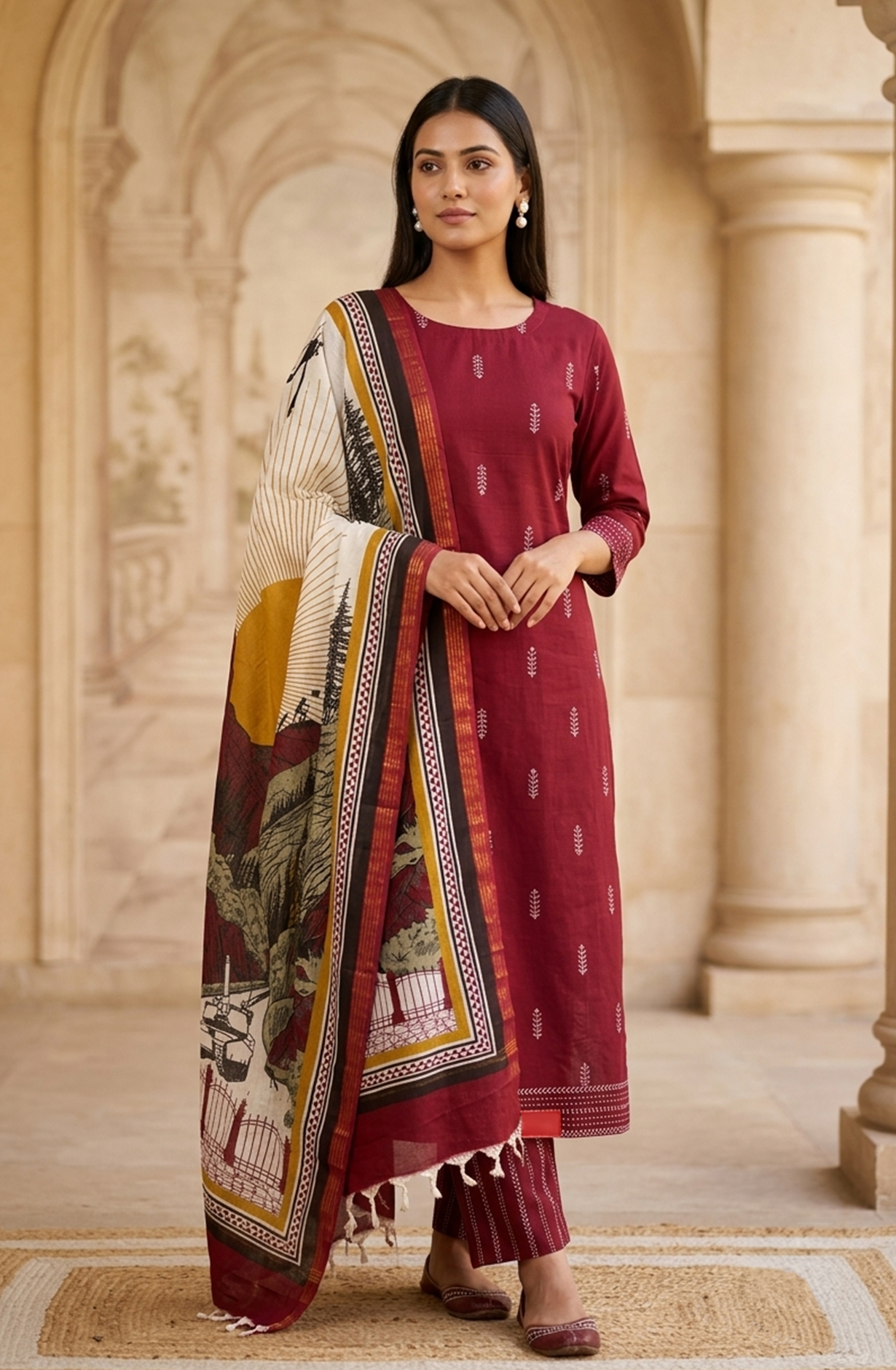 Wine Cotton Beautiful Suit Set with Beautiful Dupatta - 1027-CHAWAA-19