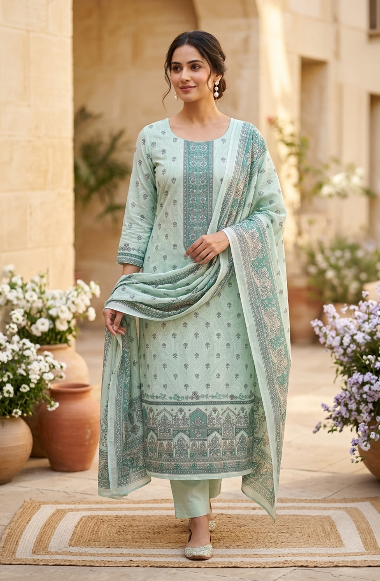 Green Cotton Beautiful Suit Set with Dupatta - NOOR1001