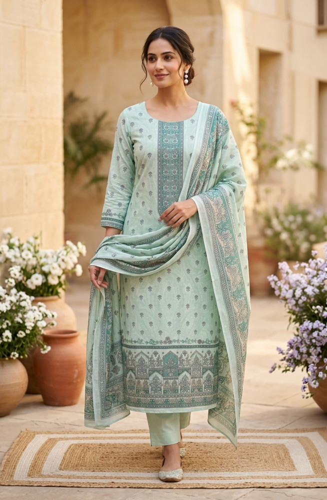 Image of Green Cotton Beautiful Suit Set with Dupatta - NOOR1001