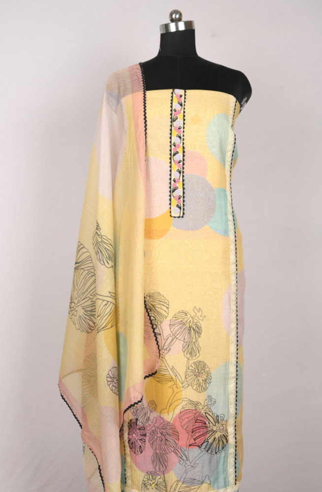 Image of Yellow Mul Cotton Beautiful Suit Set with Dupatta - 1001-JHU1517
