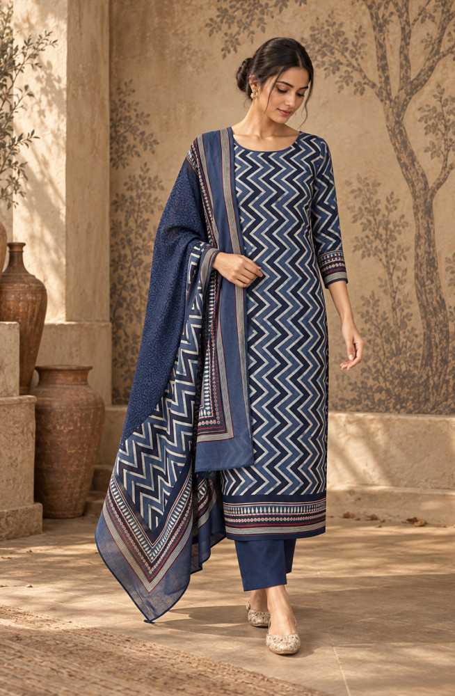 Image of Blue Chanderi Silk Unstitched Suit Set with Beautiful Dupatta - 983-6833