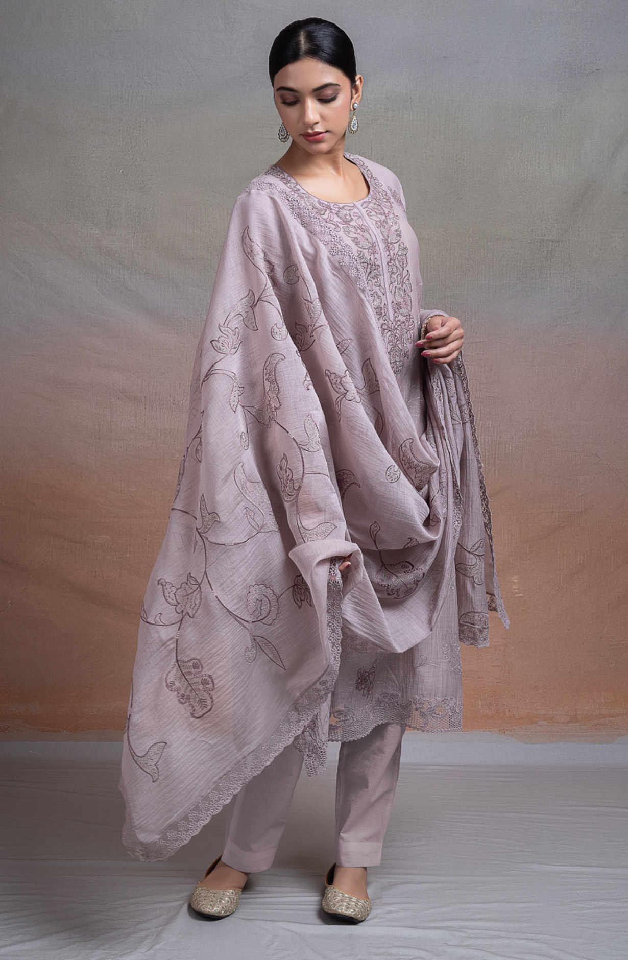 Grey Pure banarasi mul chanderi Suit Set with Dupatta - TOPNSP157B