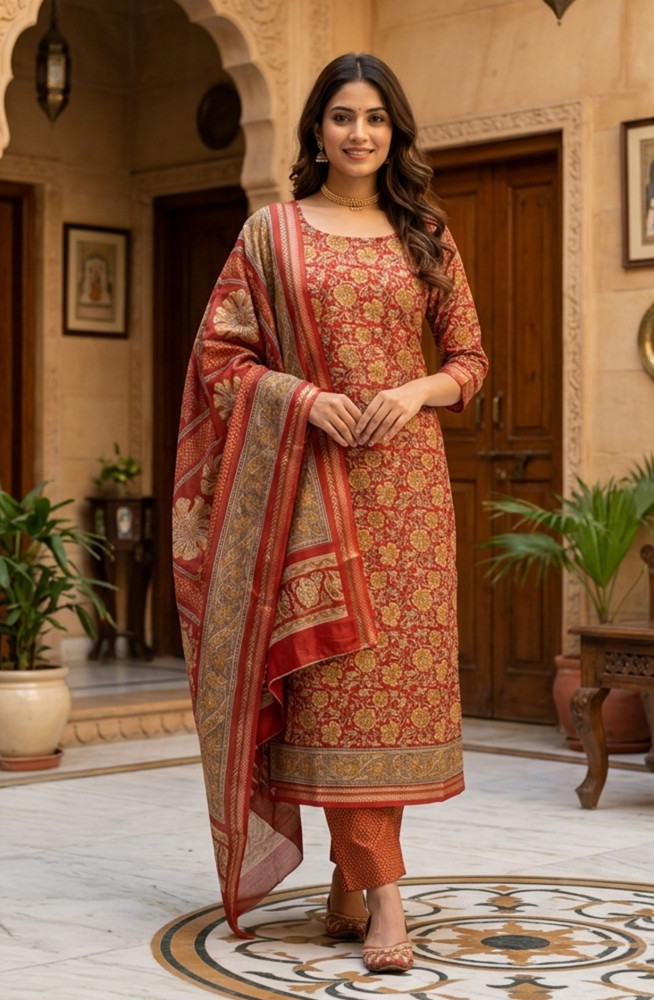 Image of Orange Beautiful Maheshwari Suit Set with Dupatta -  1029-SHEHNAI-2