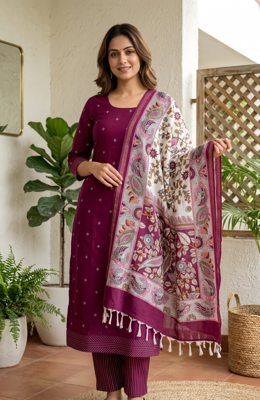 Wine Handloom Cotton Unstitched Suit with Dupatta -1027-CHAWAA-12A