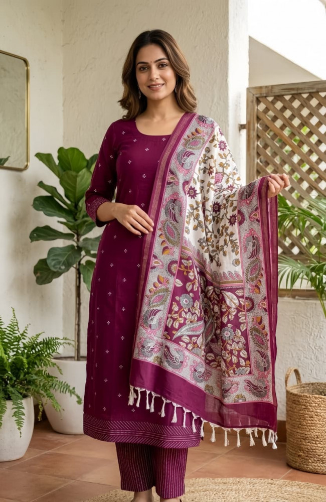 Image of Wine Handloom Cotton Unstitched Suit with Dupatta -1027-CHAWAA-12A