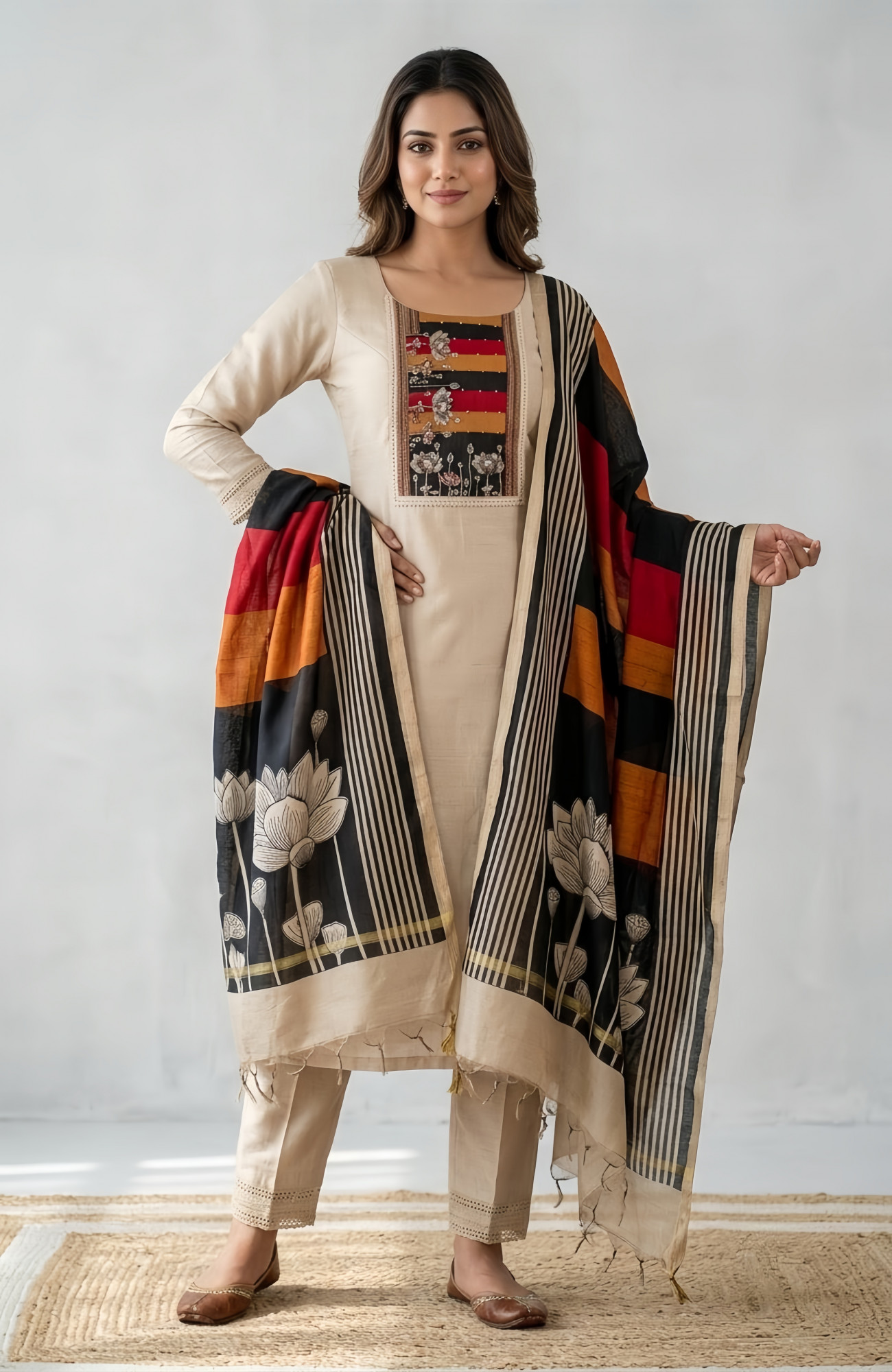 Beige Beautiful Maheshwari Unstitched Suit with Dupatta - 984-FMDE1283A