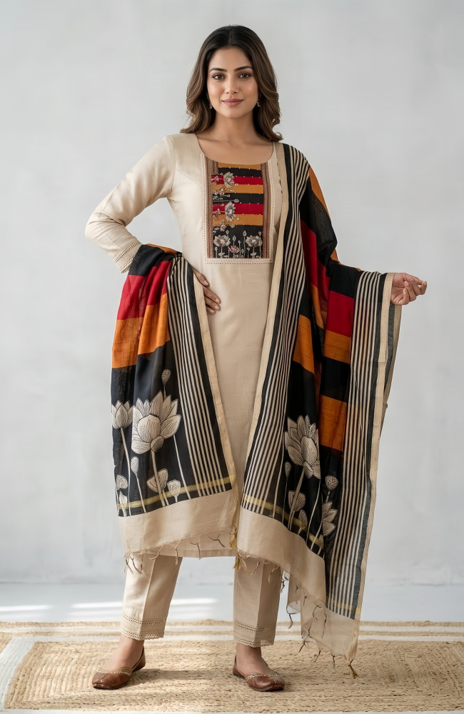 Image of Beige Beautiful Maheshwari Unstitched Suit with Dupatta - 984-FMDE1283A