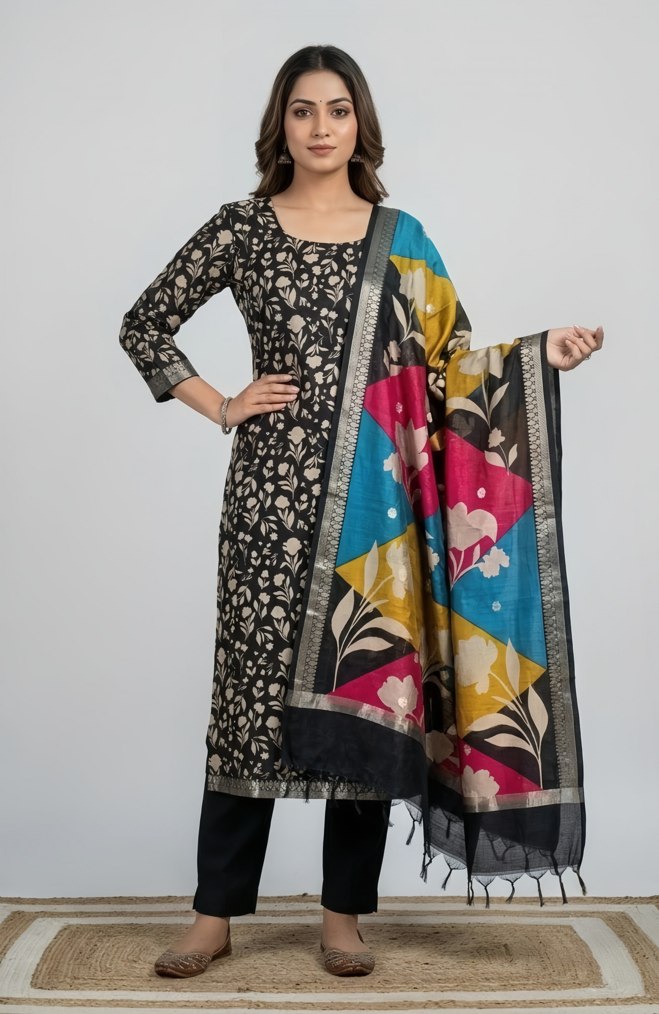 Black Beautiful Maheshwari Unstitched Suit with Dupatta - 1028-CHNTRS1101D