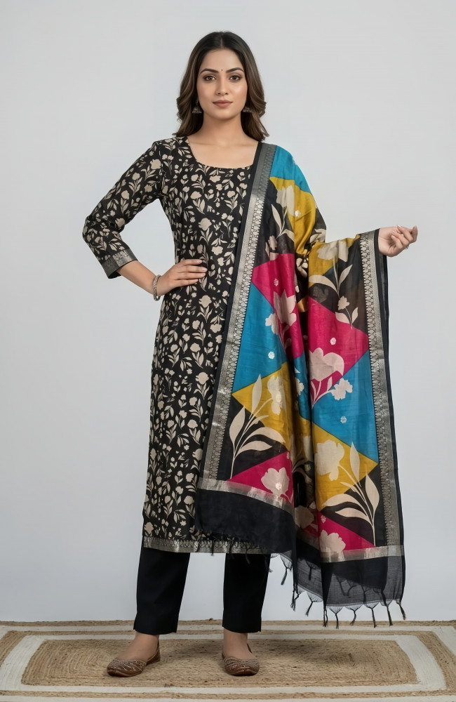 Image of Black Beautiful Maheshwari Unstitched Suit with Dupatta - 1028-CHNTRS1101D