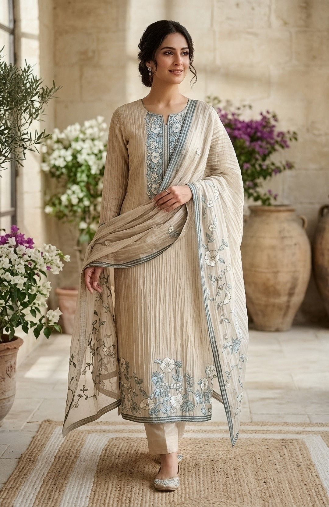 Sea Green Glass Tissue Beautiful Suit Set with Dupatta - 1020-5842A