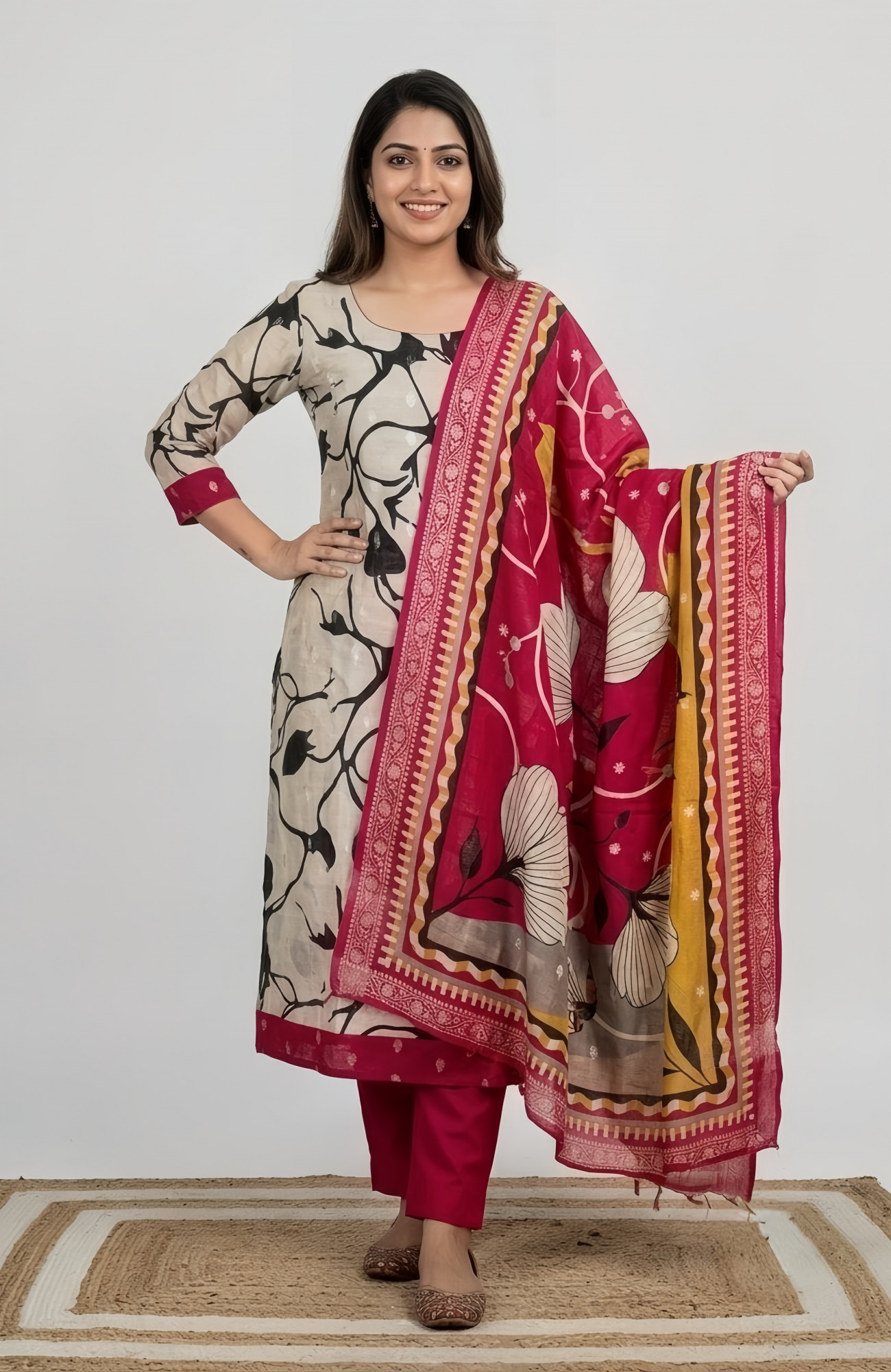Beige Beautiful Maheshwari Unstitched Suit with Dupatta - 1028-CHNTRS1102