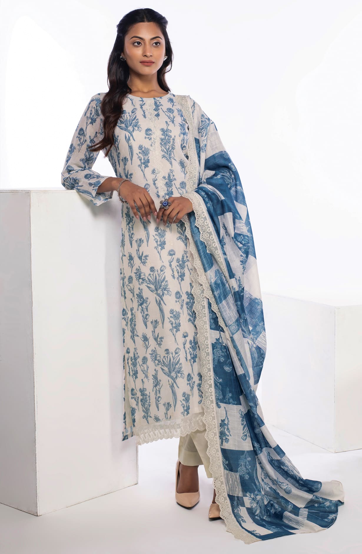 Off-White Blue Linen Exclusive Digital Printed Salwar Suit-set - JAS1746