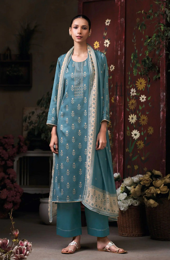 Image of Blue Premium Cotton Satin Unstitched Suit Set with Beautiful Dupatta - KAIS4946B