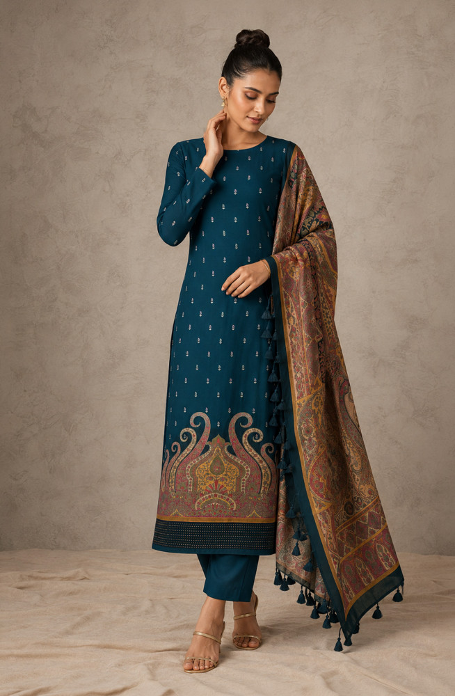 Image of Blue Modal Silk Unstitched Suit Set with Dupatta - 1028-MALAI-3A