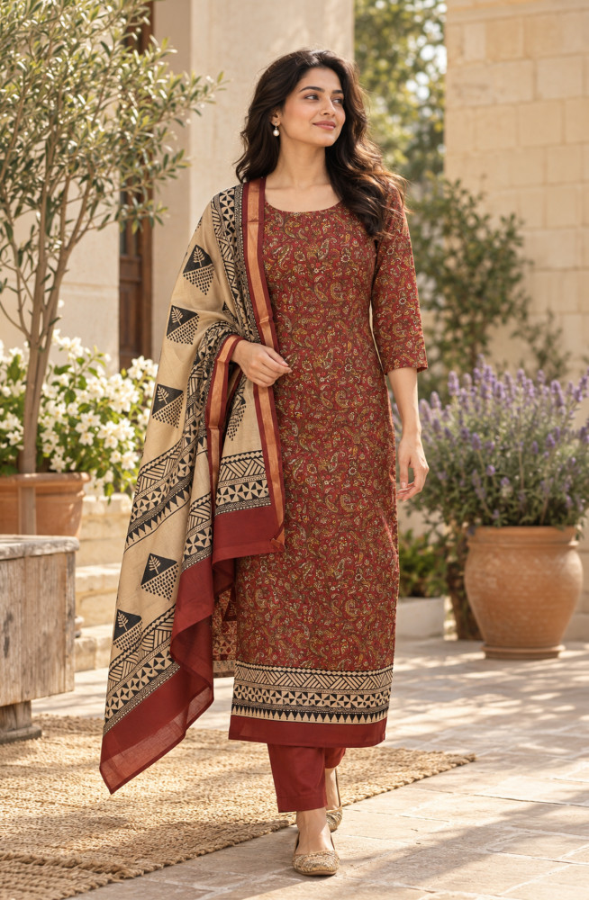 Image of Maroon Maheshwari Unstitched Suit-Set with Beautiful Dupatta - 1020-5635B