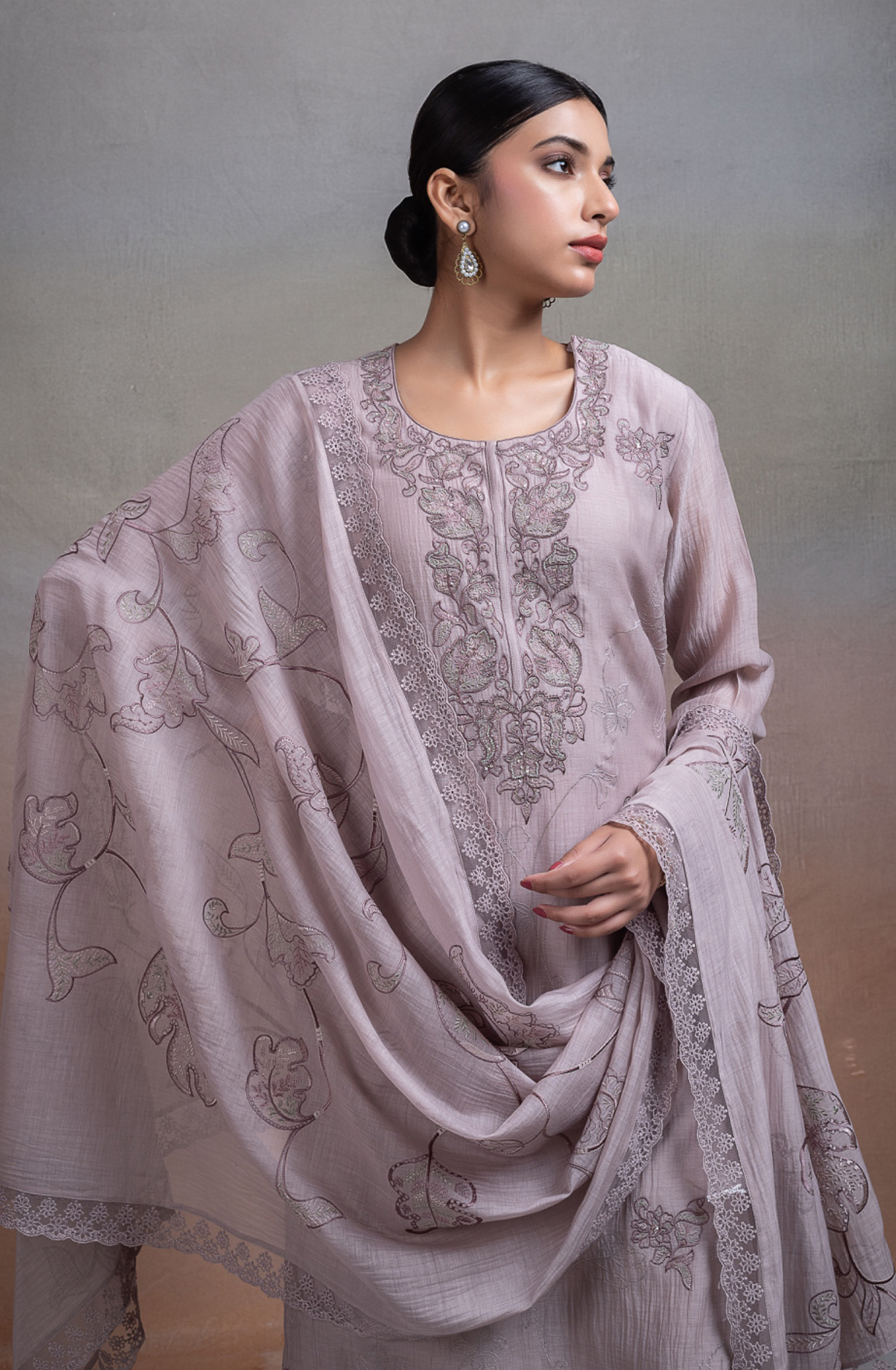 Grey Pure banarasi mul chanderi Suit Set with Dupatta - TOPNSP157B