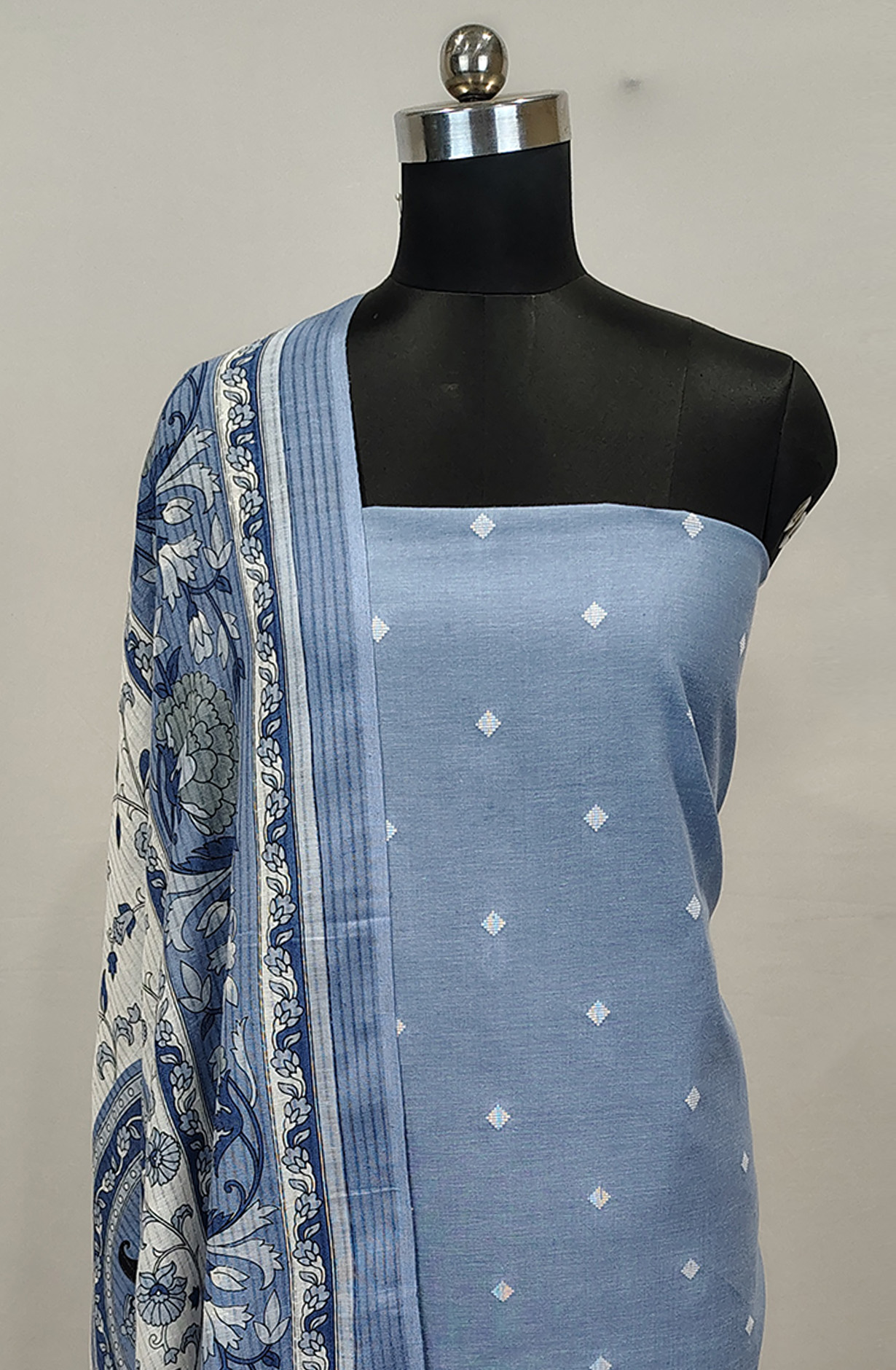 Blue Handloom Cotton Unstitched Suit with Dupatta - 1027-CHAWAA-5A