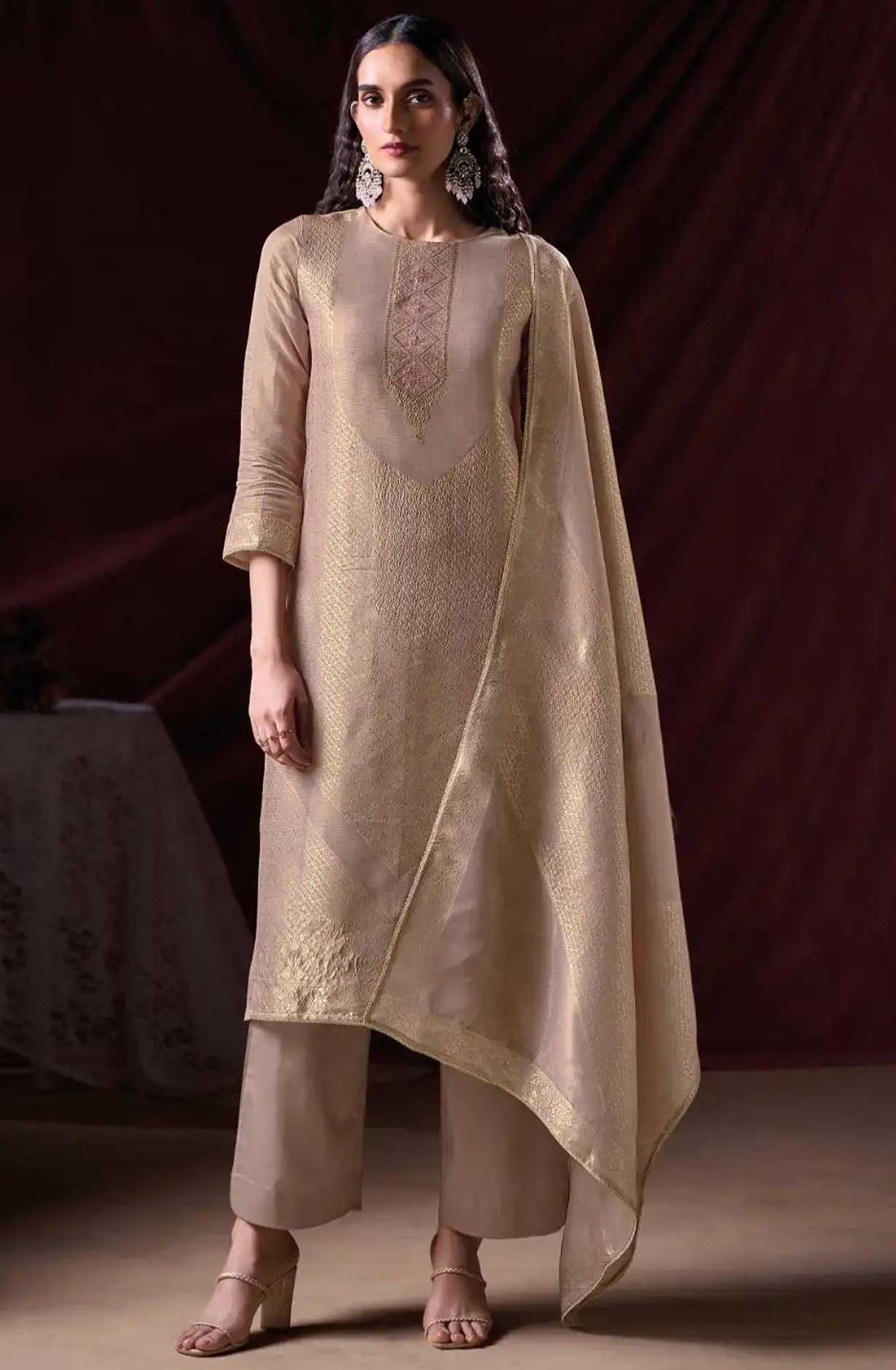 Pink Silk Jacquard Suit Set with Dupatta - ARNC2298