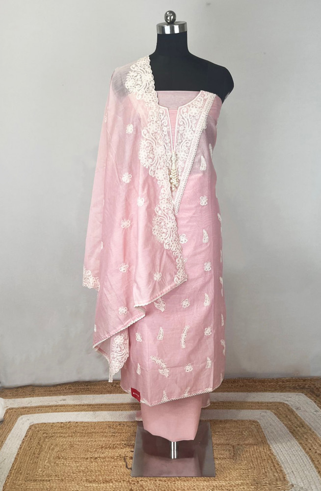 Image of Pink Mul Chanderi Unstitched Beautiful Suit Set with Dupatta -  824-2542A