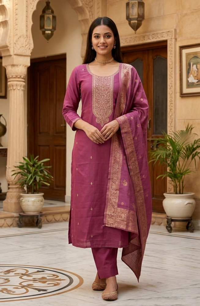 Image of Mauve Chanderi Silk  Beautiful Suit Set with Dupatta -  981-NK645A