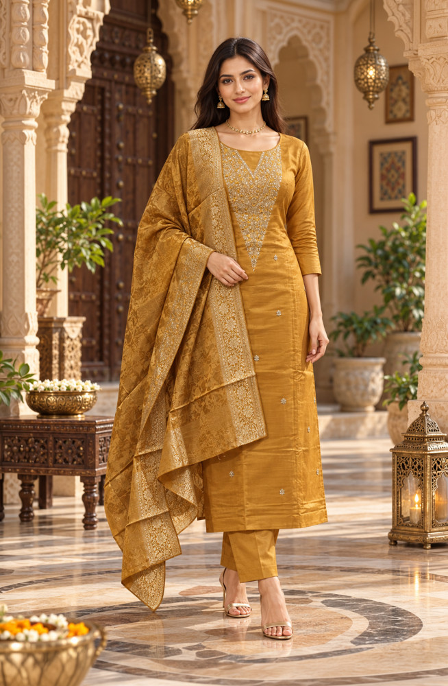Image of Mustard Silk Unstitched Suit-Set with Beautiful Dupatta - 981-NK672