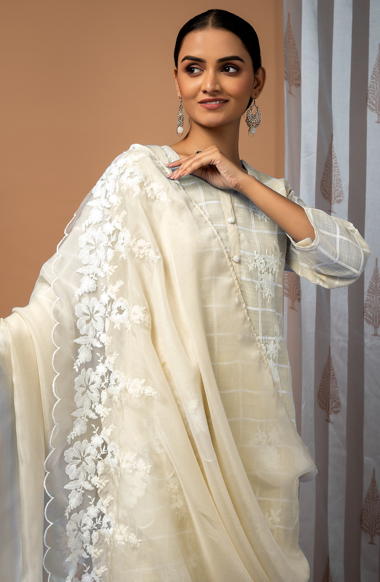 Fawn Linen Beautiful Embroidered Suit with Organza Dupatta - FAU1886A