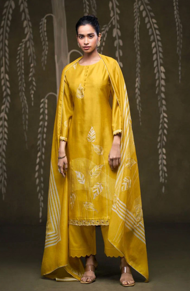 Image of Mustard Russian Silk Unstitched Suit Set with Beautiful Dupatta - DEIS4289C