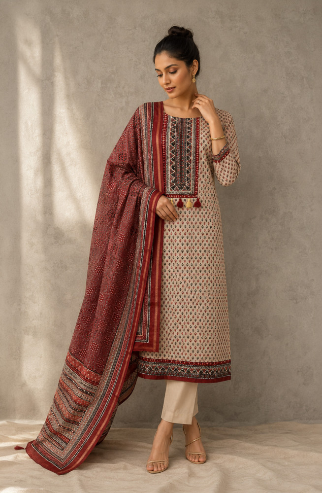 Image of Beige Chanderi Unstitched Suit Set with Dupatta - 767-HF569-1A