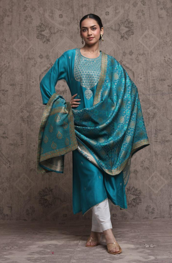 Image of Turquoise Premium Silk Unstitched Suit Set with Beautiful Dupatta - 131-NAR2605