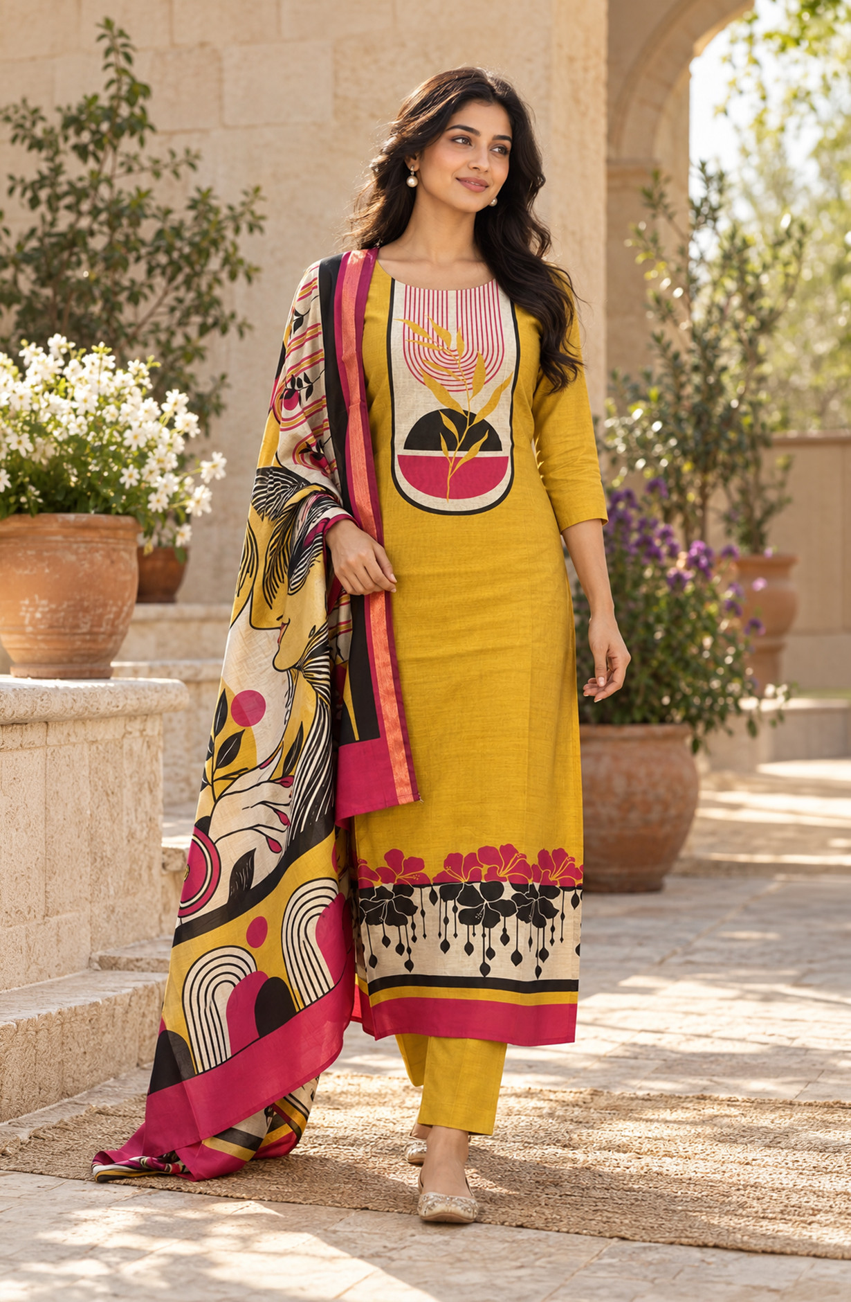 Mustard Maheshwari Unstitched Suit-Set with Beautiful Dupatta - 1020-6011A