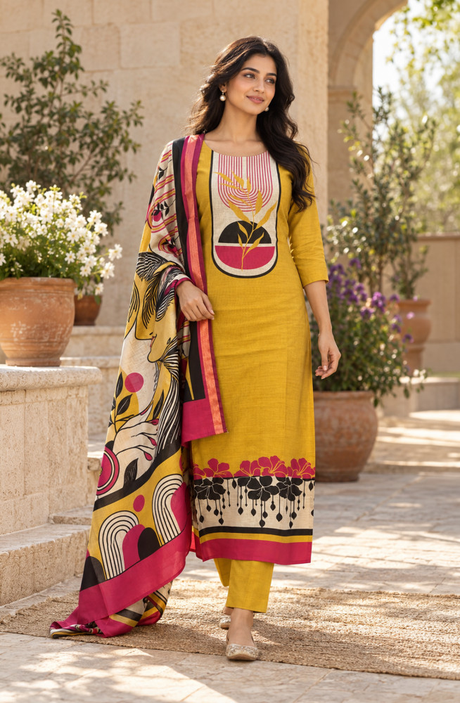 Image of Mustard Maheshwari Unstitched Suit-Set with Beautiful Dupatta - 1020-6011A