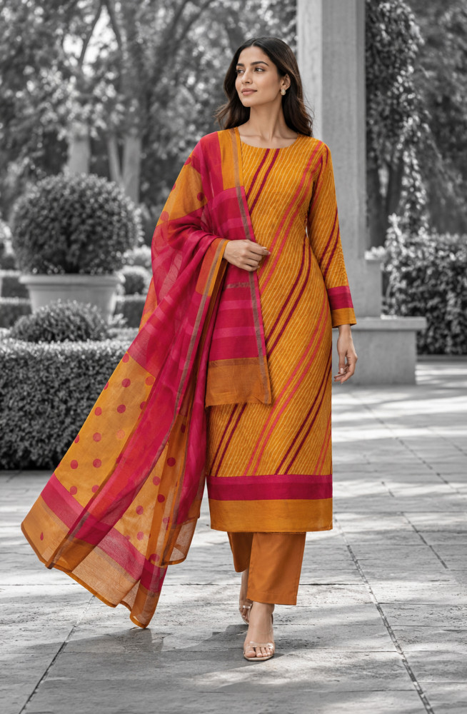 Image of Mustard Maheshwari Unstitched Suit-Set with Dupatta - 811-S151-445-163C