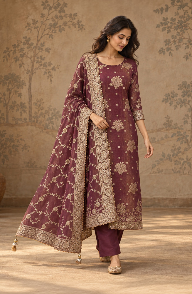 Image of Purple Shimmer Unstitched Suit Set with Beautiful Dupatta - 691-CH2790