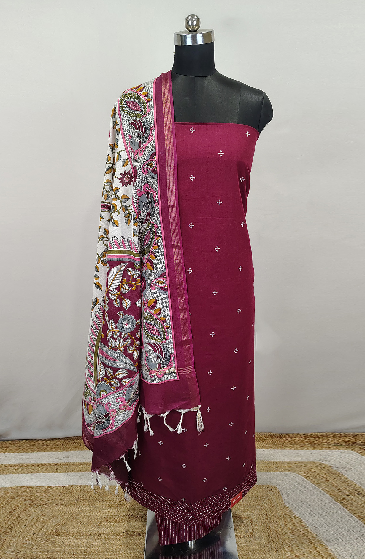Wine Handloom Cotton Unstitched Suit with Dupatta -1027-CHAWAA-12A