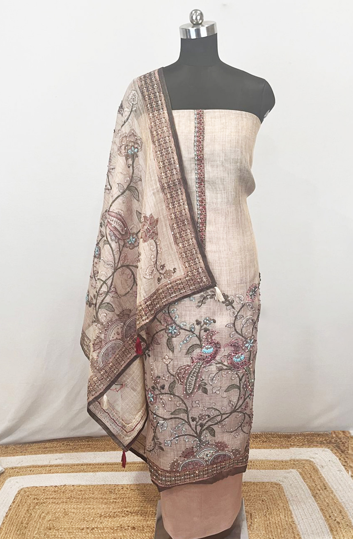 Brown Linen Unstitched Suit Set with Dupatta - 131-KE5459