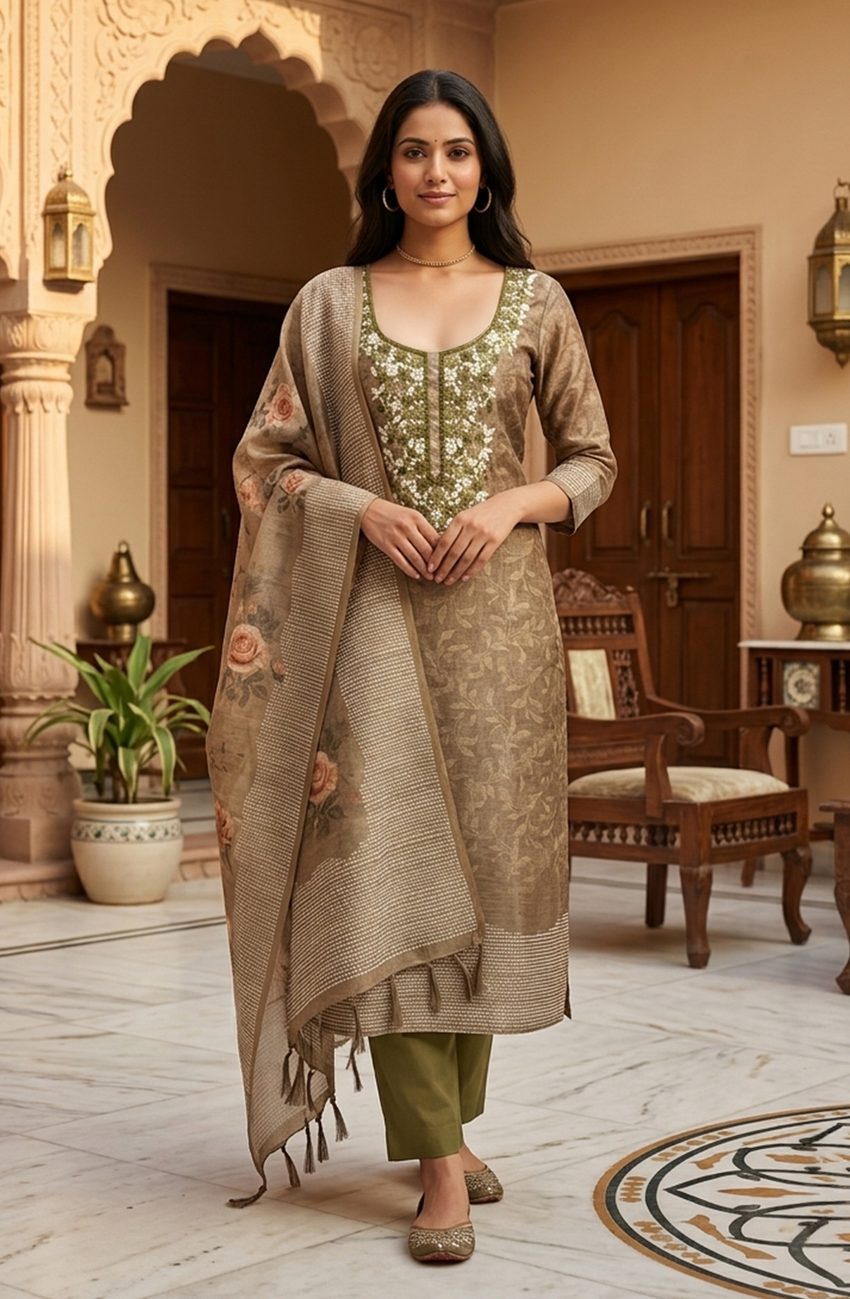 Olive Chanderi Beautiful Suit Set with Dupatta - 1029-3774